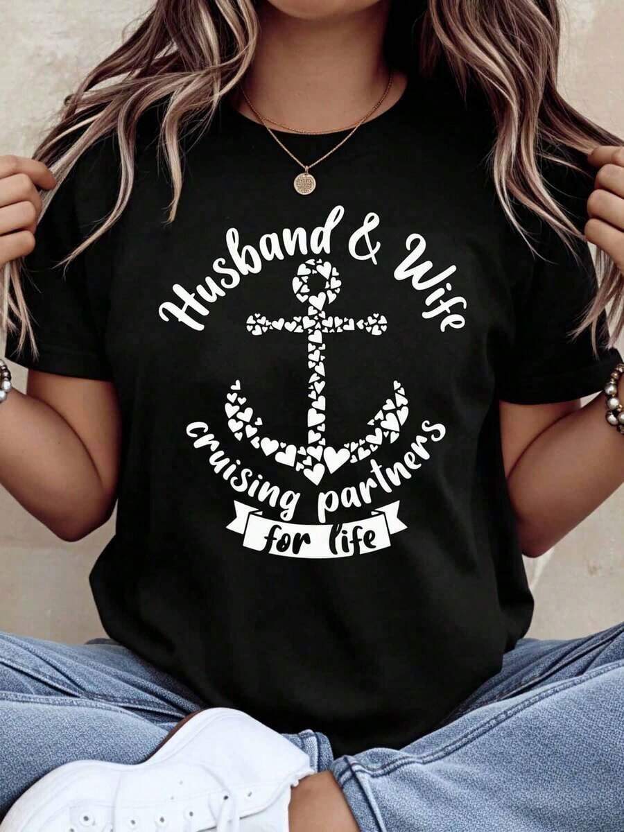 Camia con diseño de ancla para esposos en viaje de por vida, regalo náutico para parejas, ropa romántica de playa, ajuste de verano, transpirable y cómoda. - Negro - Ver 1