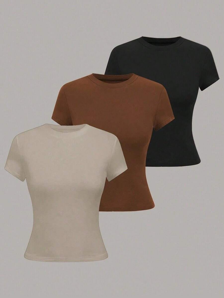Camiseta de mujer de unicolor y manga corta, sencilla, casual y versátil - Multicolor 2 - Ver 1