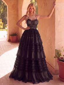 Elegante vestido de novia con tirantes de espagueti, diseño sin espalda, vestido de tul con volantes multicapa - Un vestido elegante y misterioso, ideal para bodas en la playa, recepciones en villas, banquetes de lujo y ceremonias íntimas de noche. Negro primavera - Negro - Ver 3
