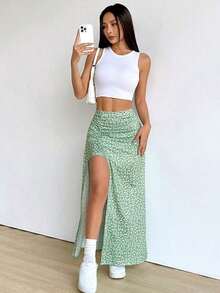 Falda larga con diseño floral pequeño y abertura en el dobladillo - Verde - Ver 6