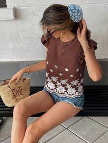 Blusa de verano casual de vacaciones con bordado floral y volantes en las mangas - Marrón - Ver 5