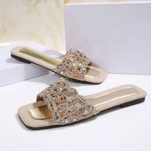 1 Pasang Sandal Selop Gaya Liburan dengan Blok Warna, Sandal Pantai Wanita Ujung Persegi Datar, Sandal Jepit Motif Linen, Pakaian Luar Ruangan Musim Panas Serbaguna - Emas - View 6