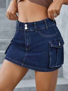 Minifalda de tela vaquera de tiro bajo, de moda para el verano - Azul lavado medio 2 - Ver 5