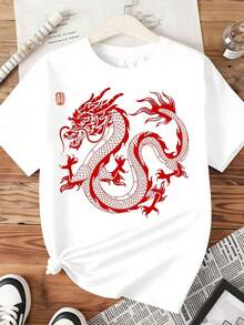 1 Piece Women's Red Dragon Print T-Shirt, Casual Short Sleeve Top, Chinese Mythical Creature Design, Fashion Clothing, 220g180g 100% Cotton. - 白色 - 查看 4