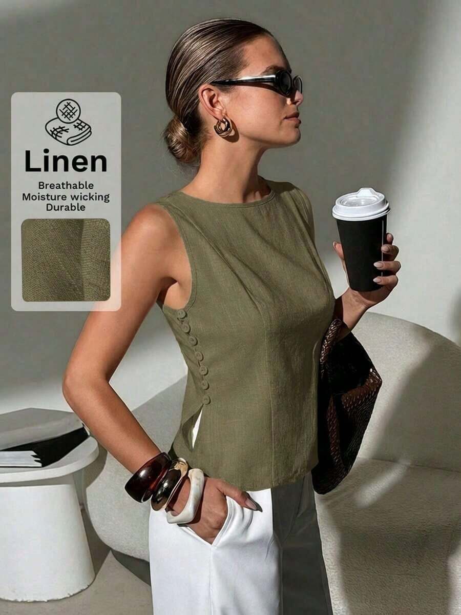 Camisa blanca sin mangas de algodón y lino, ajustada, con botones de nudo de bambú, estilo vintage para oficina - Verde militar - Ver 1