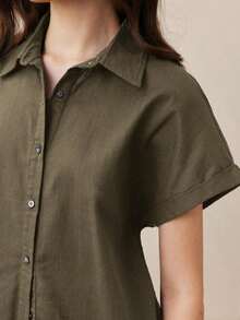 Nueva llegada Camisa casual de manga corta con botones delanteros de unicolor, adecuada para uso diario, primavera/verano - Verde militar - Ver 7
