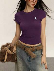 Camiseta de manga corta casual y versátil con estampado de caballero, para verano - Morado - Ver 4
