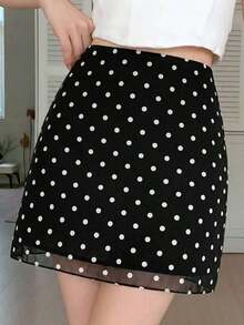 Falda de línea A con estampado de lunares casual para mujer, verano - Negro - Ver 3