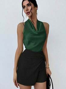 1 pieza Blusa de mujer con cuello de lazo en color albaricoque, minimalista y elegante, top sin mangas - Verde Oscuro - Ver 5