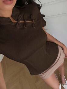 Blusa de cuello Mao de manga corta con cintura ceñida, estilo chino nuevo en color albaricoque, nuevo diseño de primavera/verano para mujer - Café integral - Ver 2