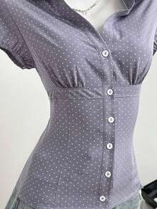 Camisa de mujer con cuello en V, cintura fruncida y manga corta, color blanco, para primavera/verano - Morado - Ver 5
