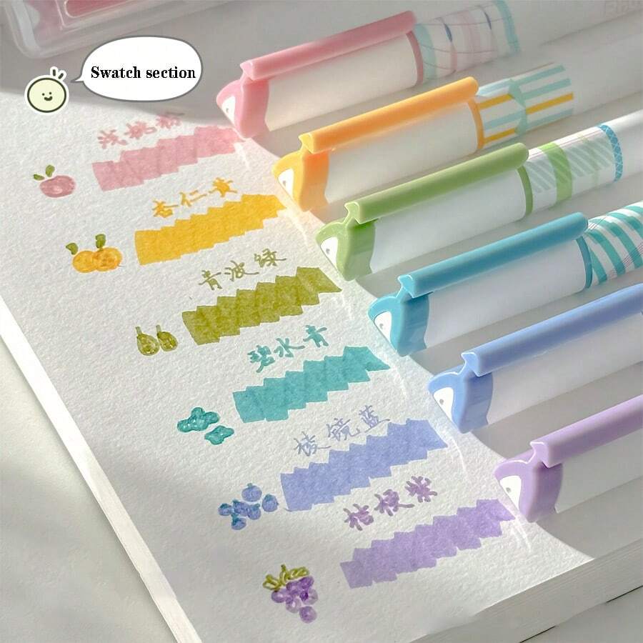 6/1pc Set. 12 Colors Dual-Tip Fluorescent Markers. Triangular Easy-Grip Barrel. Office Grade, Suitable For Drawing, Marking And Fluorescent Highlighting. Student/School Drawing Pens. Student Stationery Set. Pens. Office Supplies.