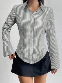 Camisa de manga larga casual a rayas que ciñe la cintura, apta para primavera/verano/otoño, tops de manga larga - Multicolor - Ver 5