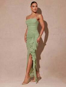 xheSilquee Elegante vestido verde salvia con mangas abullonadas románticas y abertura alta, vestido de fiesta ajustado con encaje para el Día de San Valentín, citas, invitados de boda, baile de graduaciónxhe - Verde - Ver 4