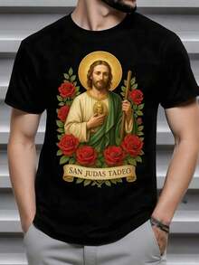 Figura de  Tadeo rodeado de rosas rojas simbolizando fe esperanza y fortaleza espiritual con aureola dorada y túnica verde camiseta de hombre confeccionada en tejido resistente 220g 100% algodón - Negro - Ver 9