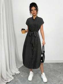 Vestido largo de manga corta para verano 2025, nuevo, con bolsillo, abertura lateral, cinturón y lazo, estampado de leopardo, para uso casual y de viaje - Negro - Ver 4