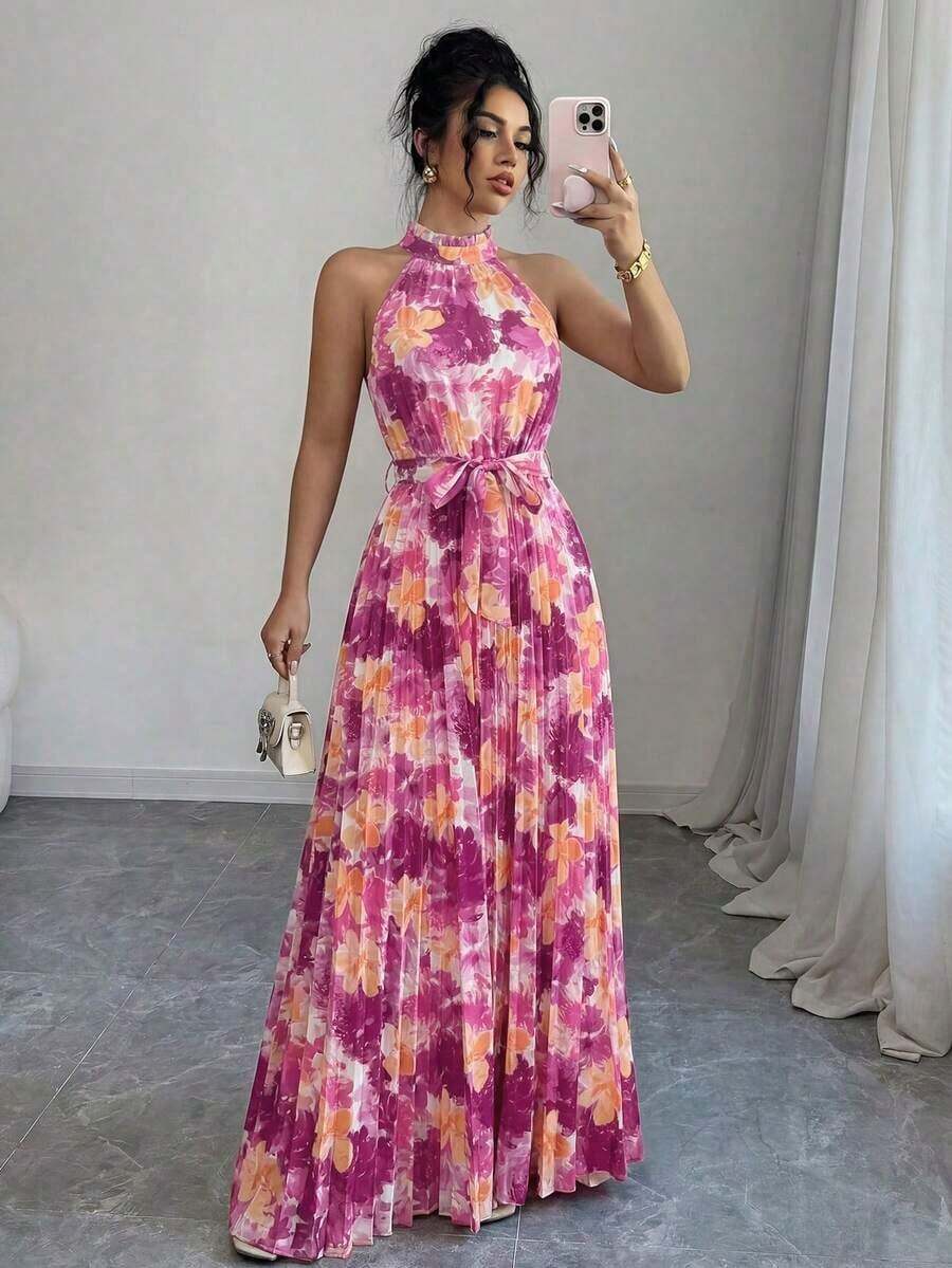 Vestido elegante y romántico con estampado floral, corte evasé y escote halter sin mangas para mujer - Multicolor 7 - Ver 1