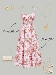 Vestido con abertura y lazo floral - Rosa - Ver 2