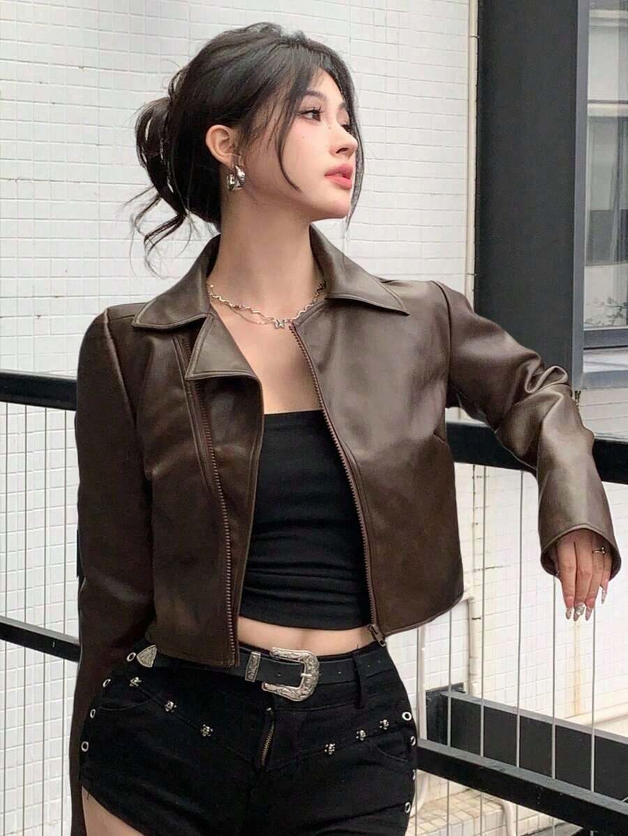Chaqueta corta de PU casual y holgada para mujer, estilo callejero para otoño e invierno, ropa de mujer de otoño - Marrón - Ver 1