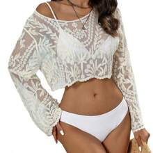 Short Sun Protection Shirt With Embroidery And Hollow Design, Beach Shirt, Sun Protection Top, Bikini Cover-Up - Apricot - View 6