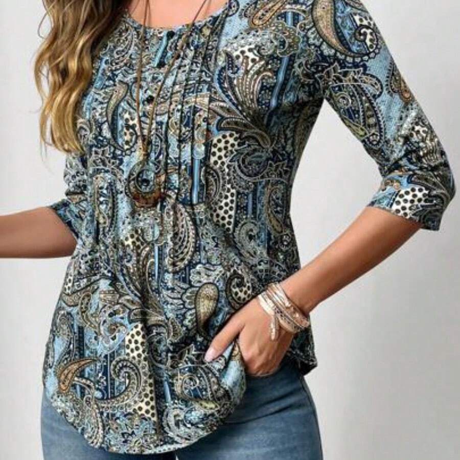 Women's Casual Elegant Paisley Print Round Neck 3/4 Sleeve T-Shirt, Autumn - Multicolor - Ver 1