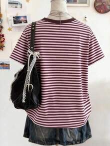 Camiseta de manga corta de cuello redondo con ribete a rayas, casual de verano para mujer - Multicolor 5 - Ver 2