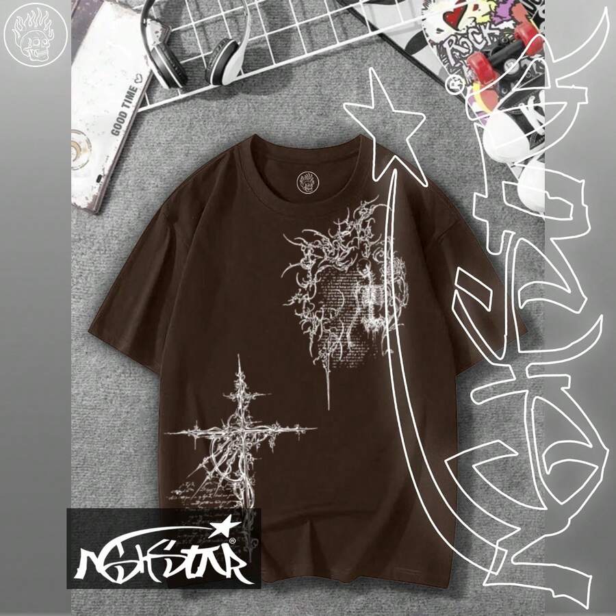 Premium 100% Cotton T-Shirt ASHSTAR "GOTHIC CROSS SKULL" - 鏽棕色 - 查看 1