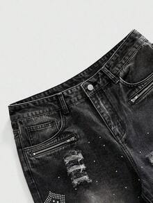 ROMWE MEN Street Life Pantalones cortos de mezclilla con doble cintura y bordado para hombres - Negro 4 - Ver 4
