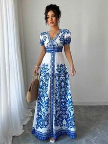 Nuevo diseño de vestido midi elegante con estampado floral posicionado, escote en V, mangas abullonadas y cintura ceñida, en un estilo sofisticado y favorecedor al Body con inspiración del Medio Oriente, en colores azul y blanco tejidos - Naranja - Ver 9