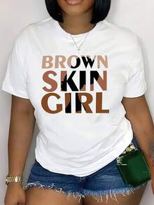 Women's Casual Top. This Women's Crew Neck T-Shirt Features A Brown Skin-Tone Print And Is Made Of Woven Fabric. It Has A Regular Length And Is Suitable For All Seasons. A Must-Have For Everyday Casual Wear. - 白色 - 查看 1