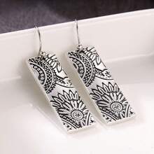 1 Pair Handmade Country Style Rectangular Drop Earrings With Glossy Textured Contours And Carved Patterns, Exquisite Heirloom-Like Jewelry Suitable For Festive Parties And A Thoughtful Gift Choice. - Silver - View 6
