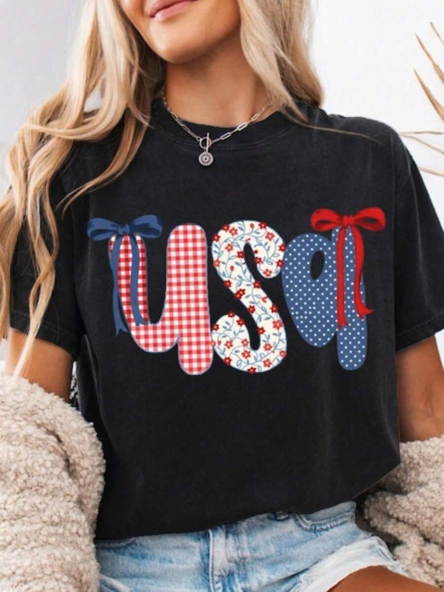 Women's Short Sleeve Round Neck USA Graphic Tee Casual Cute Summer T-Shirt Polyester Fabric With Slight Stretch Regular Fit Streetwear Style - 黑色 - 查看 1
