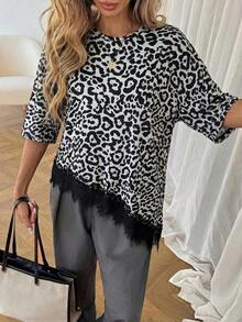 Camiseta casual de mujer con dobladillo asimétrico de encaje de unicolor, uso básico diario, blusa casual de primavera/verano para vacaciones de mujer, vacaciones de verano para mujer, primavera para mujer, vacaciones de primavera, top para ir - Gris Claro 2 - Ver 6