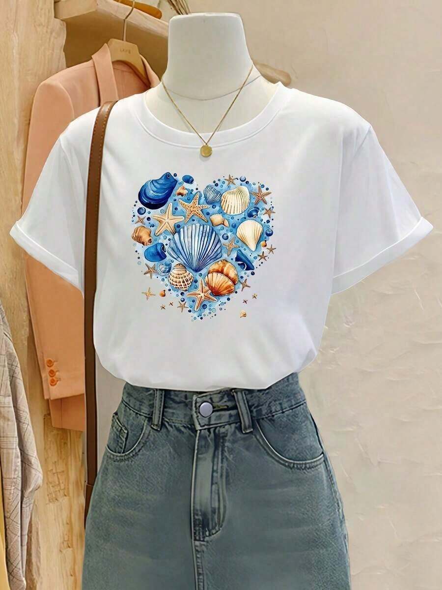 Plus Size Short Sleeve T-Shirts For Women, Ideal For Summer And Everyday Wear, Basic Women's T-Shirts With Shell Print, Suitable For A Cool Casual And Minimalist Style, Machine Washable, Breathable And Comfortable. - 白色 - 查看 1