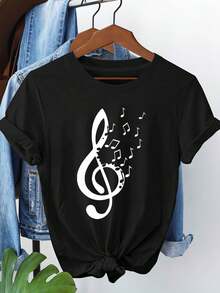 1 pieza [Oferta Especial de Vacaciones] Camiseta de Mujer con Estampado de Notas Musicales para Festival, Cuello Redondo Casual, Manga Corta para Primavera Verano, 100% Algodónropa de calor mujer - Negro - Ver 7