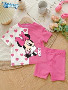 Disney 迪士尼女嬰夏季米妮心形印花短袖T恤與短褲套裝，可愛休閒度假穿搭，純黑色彈性腰短褲，戶外穿著 - 玫紅色 - 查看 2