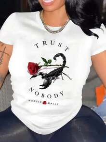 Camiseta con Estampado de Letras, Cuello Redondo Casual, Manga Corta, Camiseta de Moda Casual para Primavera y Verano, Top para Mujer. - Blanco - Ver 8