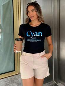 DEVIT - Playera negra de manga corta con estampado frontal "Cyan" en contraste para mujer - Negro - Ver 9