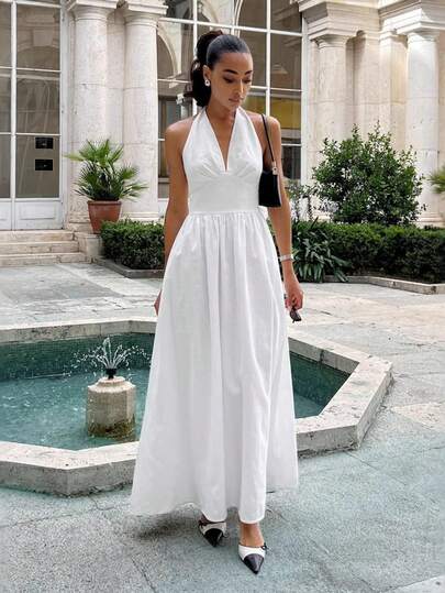 Vestido largo algodón cuello V con lazos, cintura marcada estilo moda primavera verano