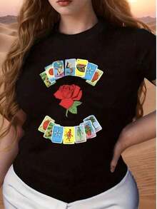 short sleevesmujer Camiseta de camiseta enviada de México de alta calidad transpirable ropa de moda Camisa negra con diseños únicos de cartas de tarot y una hermosa rosa roja, perfecta para los amantes de la mística y el estilo contemporáneoLeisure - Negro - Ver 1