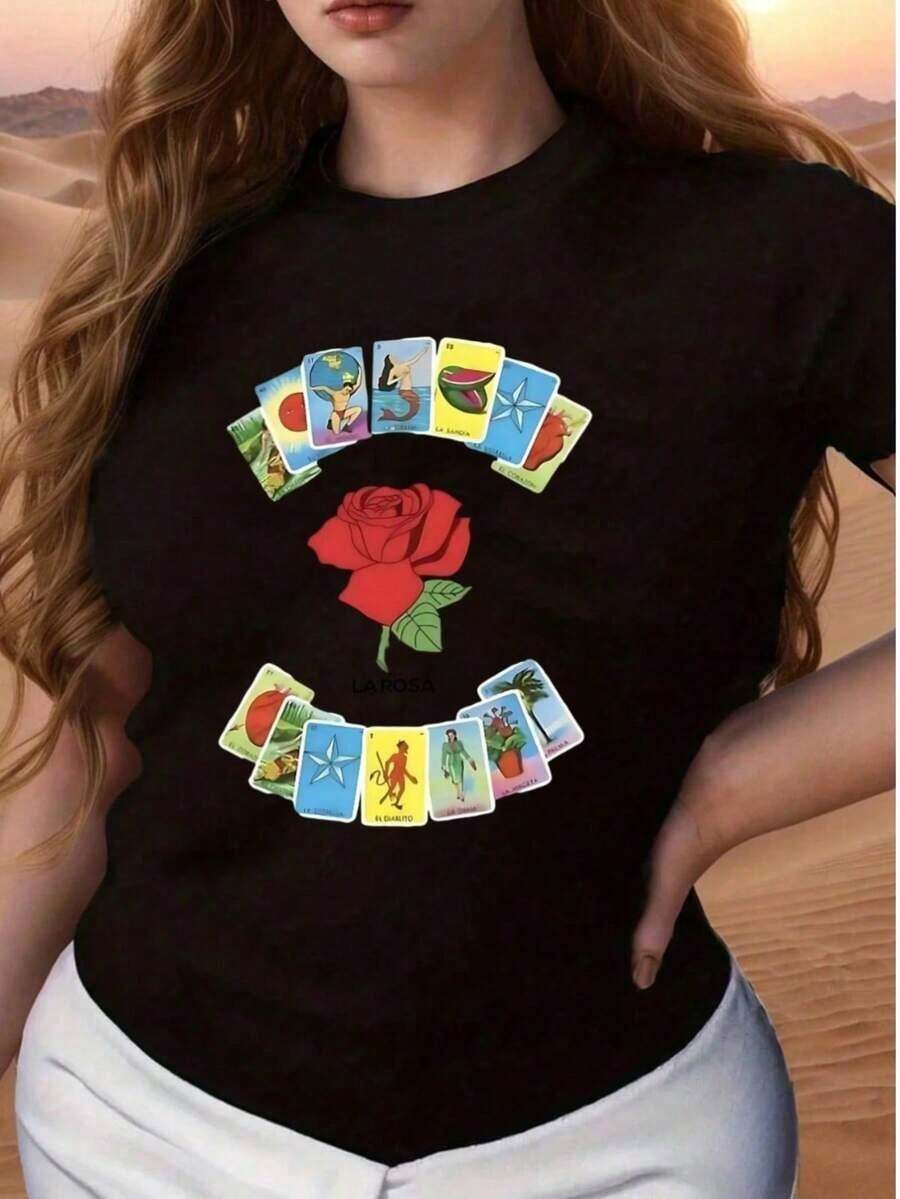 short sleevesmujer Camiseta de camiseta enviada de México de alta calidad transpirable ropa de moda Camisa negra con diseños únicos de cartas de tarot y una hermosa rosa roja, perfecta para los amantes de la mística y el estilo contemporáneoLeisure - Negro - Ver 1