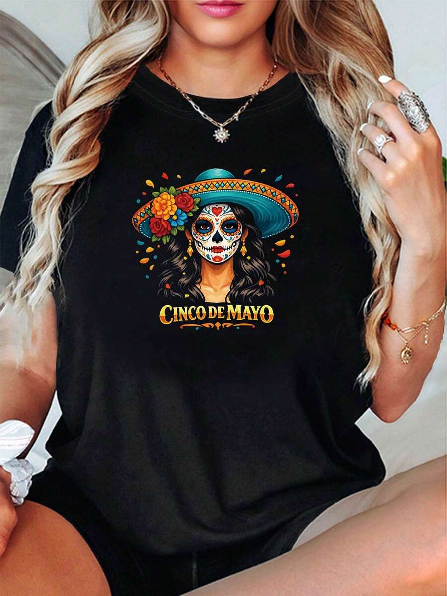Women's Short Sleeve Crew Neck T-Shirt, Retro Holiday Style, New 2026 Collection, For Casual Shopping, Holiday Gifts, Meetings With Friends, Music Parties And Holiday Outfits. - 黑色 - 查看 1