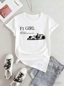 Minimalist F1 Racing Graphic T-Shirt, Combed Cotton, Lightweight, Relaxed Fit, Streetwear, Basic And Durable. Women's Simple Solid Color T-Shirt, Loose And Slim Fit Casual Short Sleeve - 黑色 - 查看 8