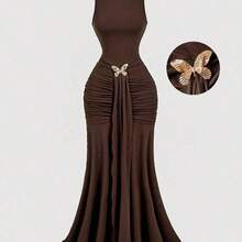 MOD Plus Size Women's Brown Ruched Dress,Wedding Party Dress,Elegant Dress Women,Formal Dress, Dress, Party Dress,Metal Buckle Decoration,Country Concert Outfit,Old Money Style Women,Dresses For Women Party Formal Dresses For Wedding Guest Pleated Tight Dress Brown Wedding Guest Dress Brown Elegant Long Dress Chocolate Brown Dress Brown Long Dress Butterfly Dress Brown Elegant Dress - Marrón - Ver 6
