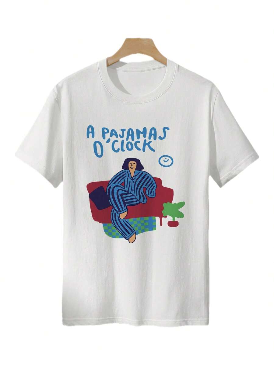 Camiseta con estampado gráfico, manga corta y cuello redondo, top casual para verano y primavera, ropa de mujer - Blanco - Ver 1