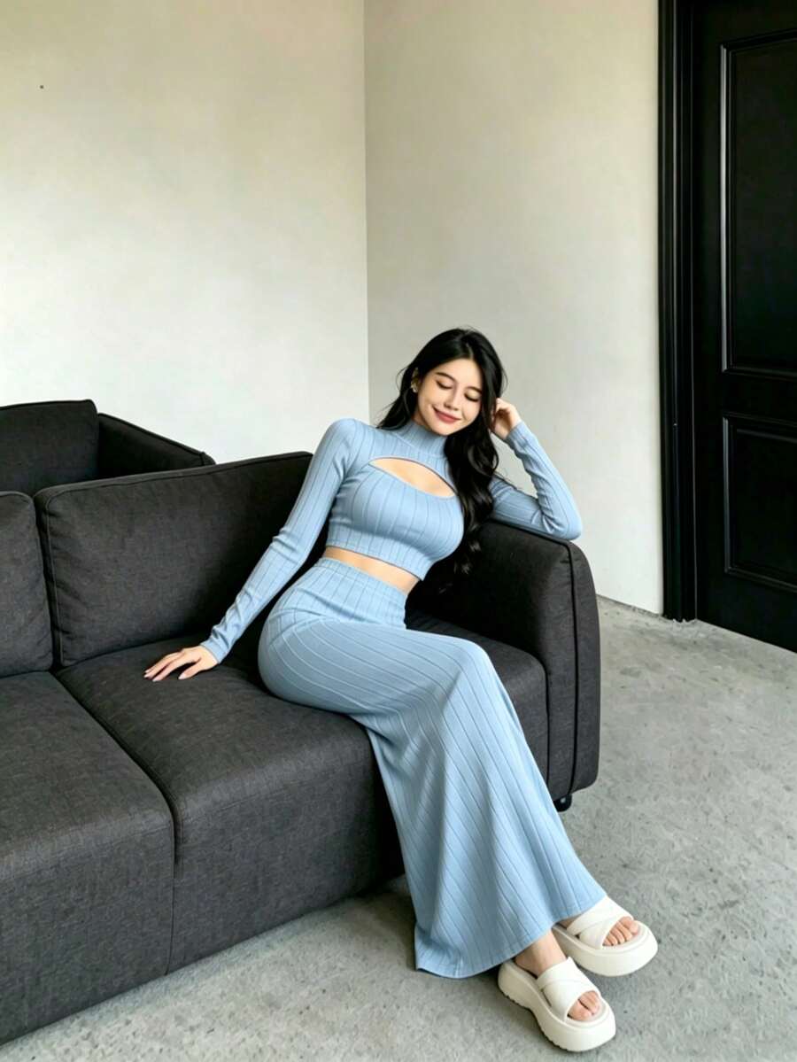 Elegant Sleeveless Maxi Dress, V-Neck, Cutout Design At The Chest, Pleated, Purple Color, New Spring/Summer Style, An Elegant Maxi Dress For Women - 淺藍色 - 查看 1