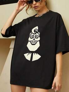 Gráfico de calavera con sonrisa amplia y peinado divertido que simboliza la energía positiva y el espíritu libre en la vida diaria camiseta de mujer  cómoda y moderna para uso casual - Negro - Ver 6