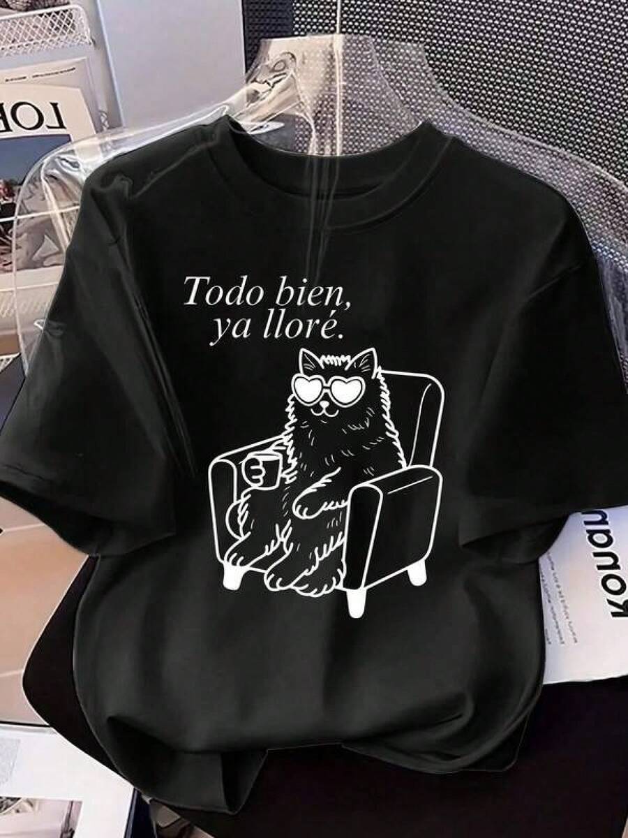 Retro GraphicWomen's Funny & Heartbreaking Cat T-Shirt - Cute Kitten Print Summer Round Neck Top Suitable For Cat Lovers - Casual Casual Attire & Themed Events (Machine Washable Black,Camisetas populares de  para uso diario,Ropa de verano, ropa para niños y niñas,camisetas de apoyo para el Mundial,Camisetas del Mundial 2026,Camisetas estampadas,Camisetas estampadas, - Negro - Ver 1