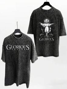 Camiseta vintage lavada, diseño de temática cristiana, unisex, estilo gótico rock. Es una camiseta de manga corta de gran tamaño, adecuada para el estilo callejero de hip-hop. Camiseta unisex de algodón holgada de manga corta y cuello redondo estilo vintage urbano - Negro - Ver 1