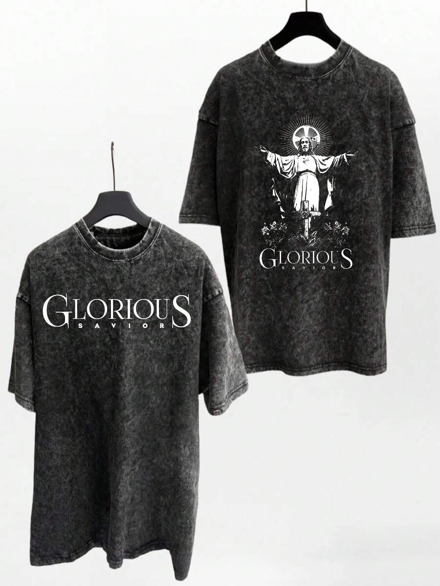 Camiseta vintage lavada, diseño de temática cristiana, unisex, estilo gótico rock. Es una camiseta de manga corta de gran tamaño, adecuada para el estilo callejero de hip-hop. Camiseta unisex de algodón holgada de manga corta y cuello redondo estilo vintage urbano - Negro - Ver 1